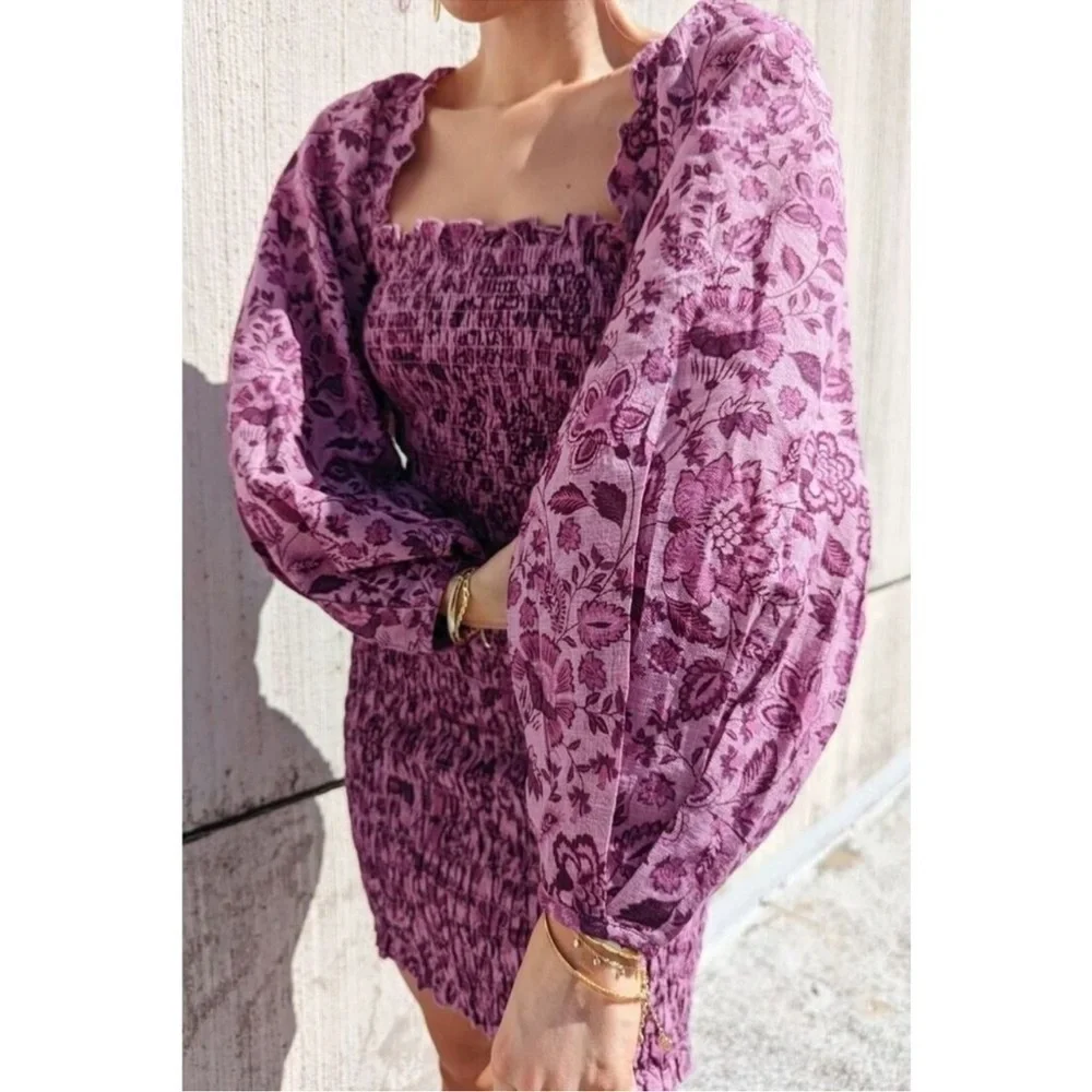 NWT Free people smocked purple mini dress puff sleeves cotton